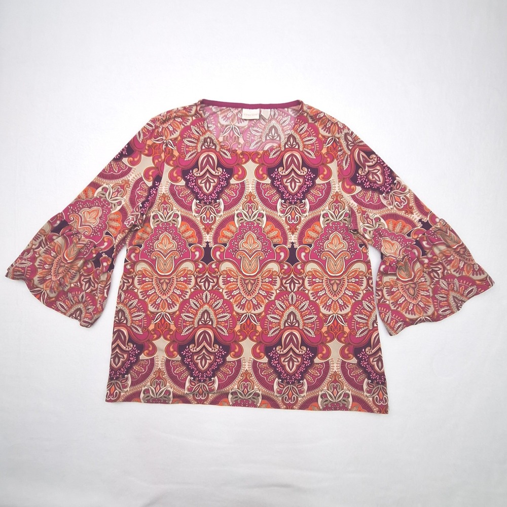 Chicos Blouse Womens Large Pink Paisley Tiered Bell Sleeve Medallion Boho Top